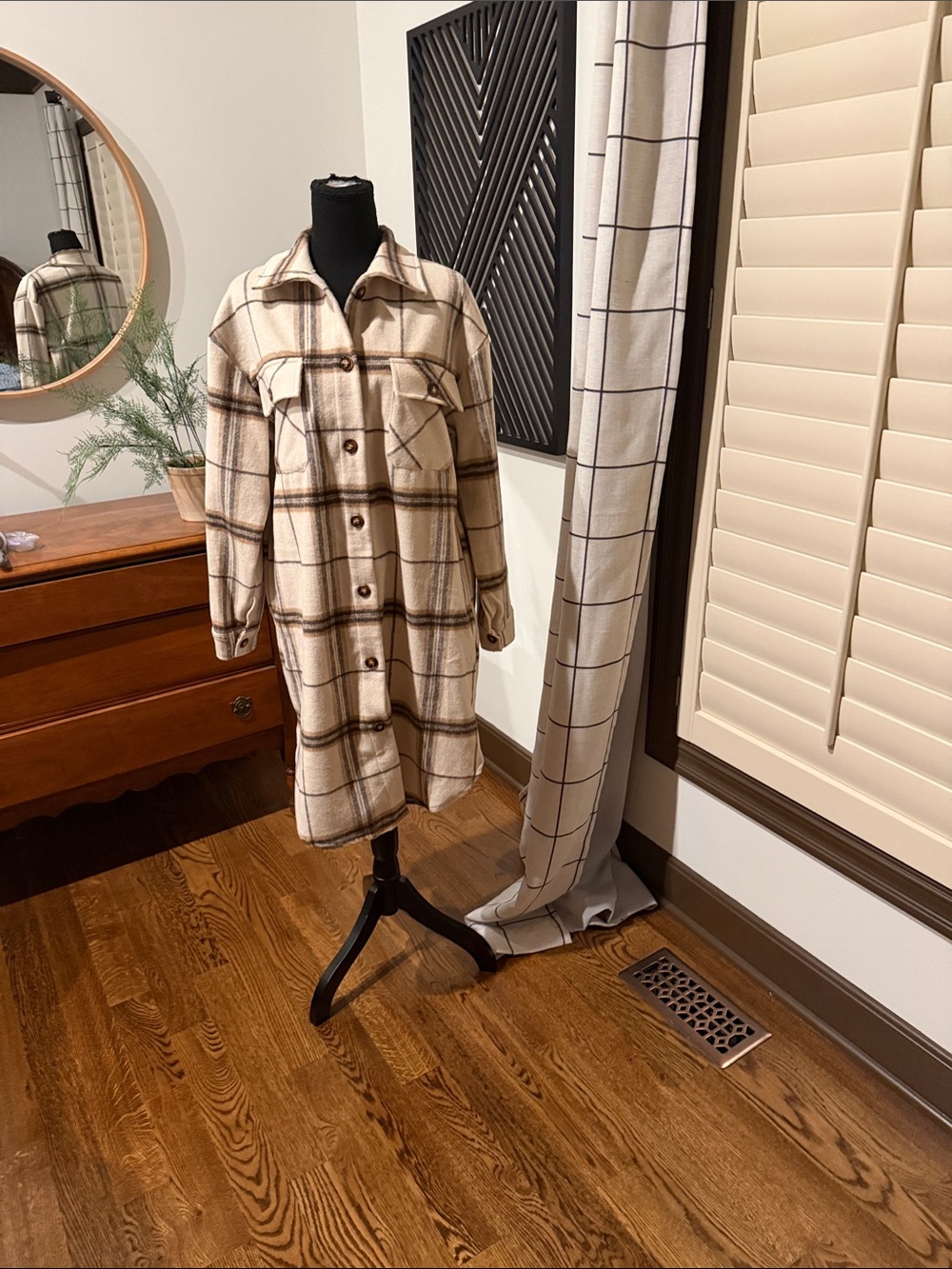 Panache Cream and Brown Plaid Utility shacket medium